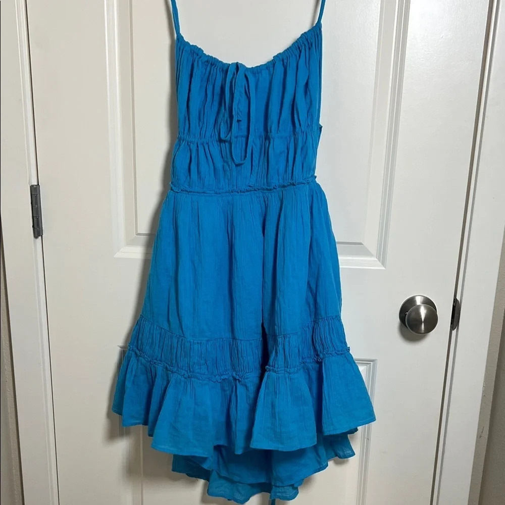 Free People Tropical Blue Ruffled Mini Dress Large